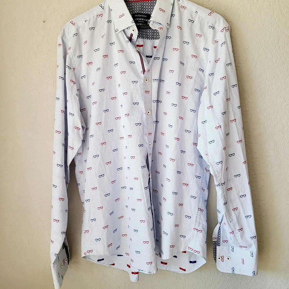 Bugatchi Embroidered Glasses Mens Shirt 16.5 31 Button Down‎ LS Shaped Fit